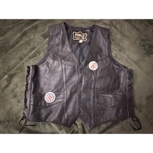 FIRST Genuine Leather Black Motorcycle‎ Biker Vest Mens Size 48 Lace Sides